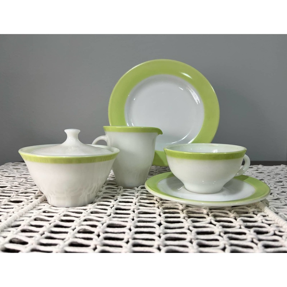 Pyrex Vintage Milk Glass White with Lime Green Rim Tea Set